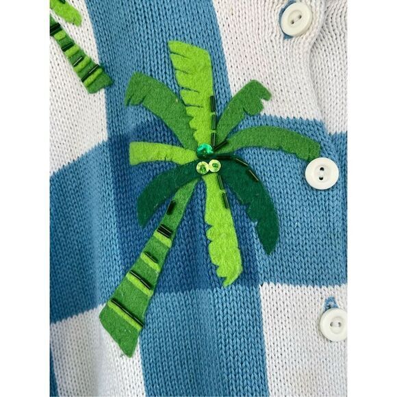 S5 Vintage Talbots Plaid Palm Tree Cardigan‎ Sweater Beaded Ramie Cotton - Picture 5 of 8